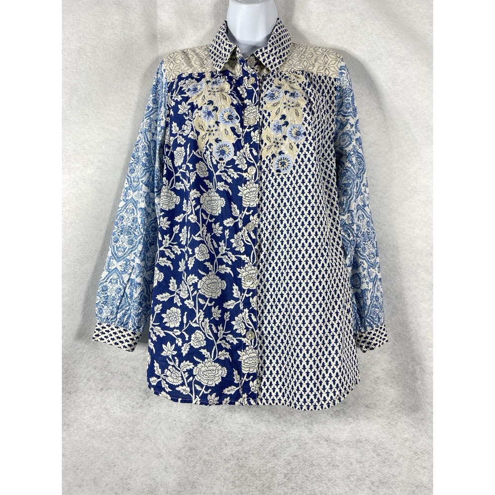 Soft Surroundings Shirt Womens Large Blue Button Up Embroidered Eyelet Floral